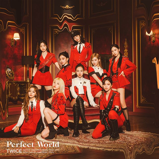 TWICE in red outfits on the Perfect World album cover